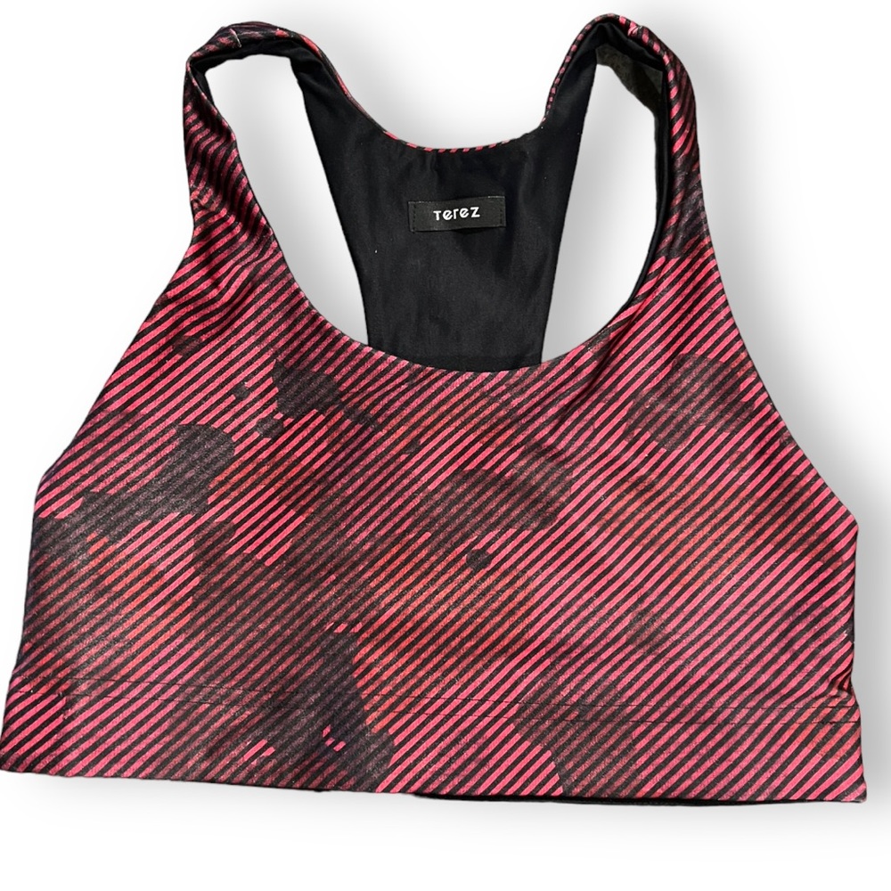 TEREZ Red Black Cloudy Camo Stripe Hi-Shine Sports Bra Size Large
